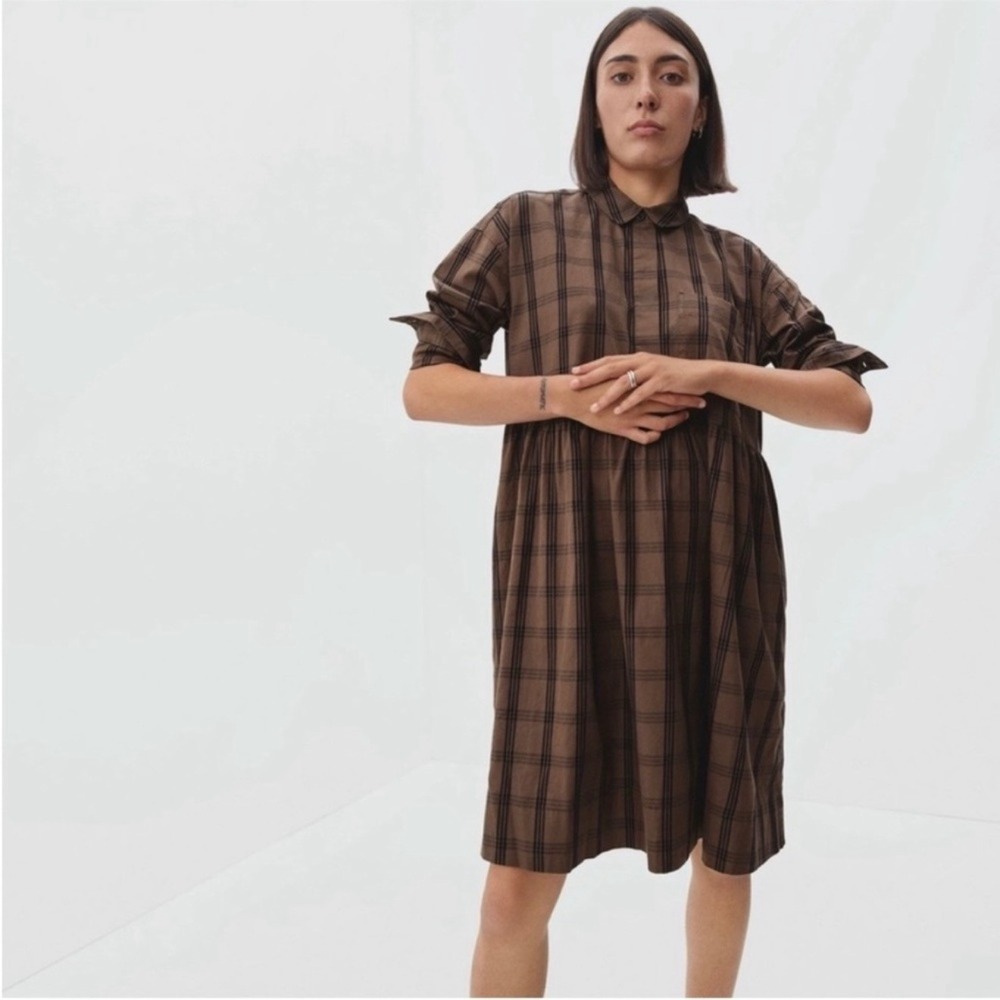 Everlane Shirt Dress Women Medium Brown Plaid Cotton Long Sleeve Babydoll Mini - Picture 1 of 16